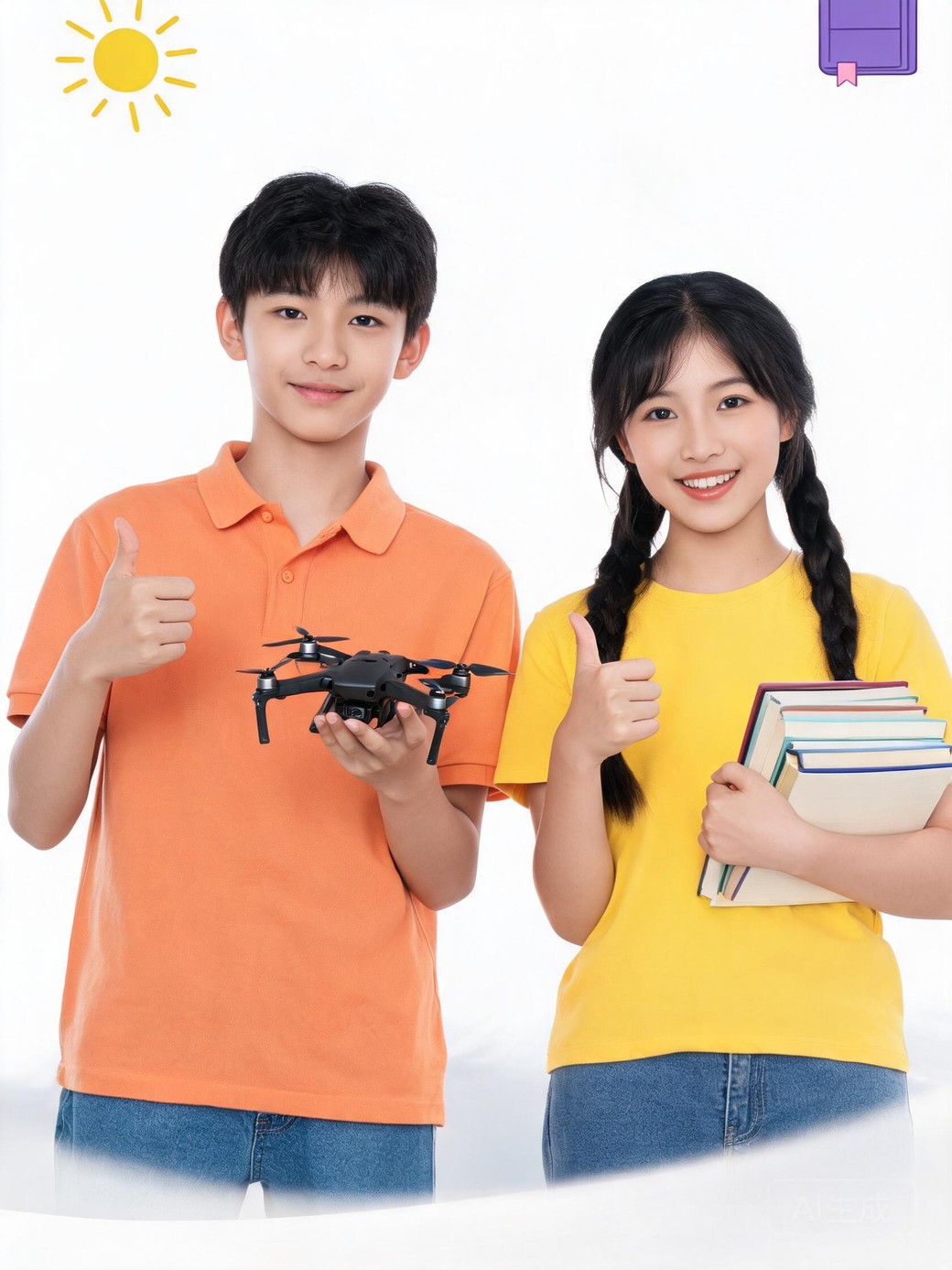 中国男学生手持无人机与女学生